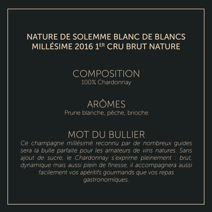 Nature de Solemme Blanc de Blancs 1er Cru - Millesime 2016 - Brut Nature